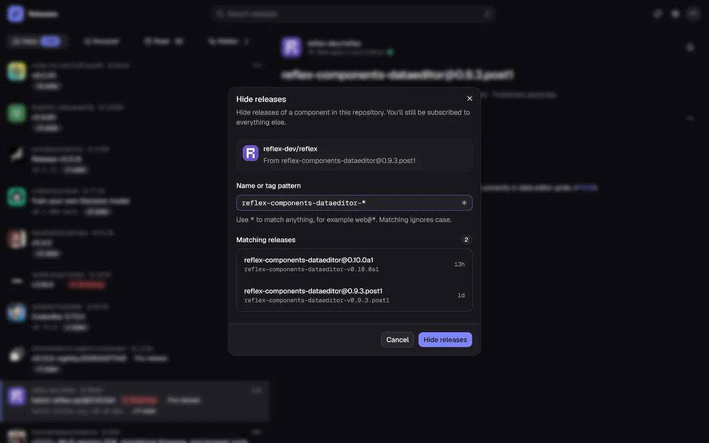 The hide dialog with a suggested pattern and the matching releases