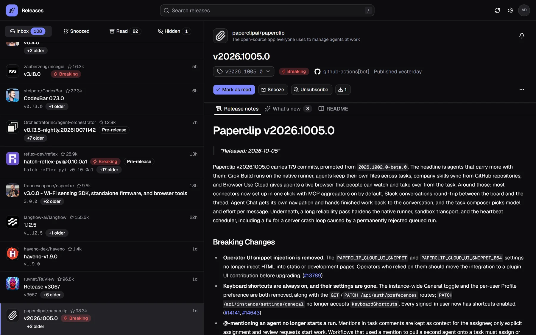 The inbox in the dark theme: one entry per repository, the selected release with its notes