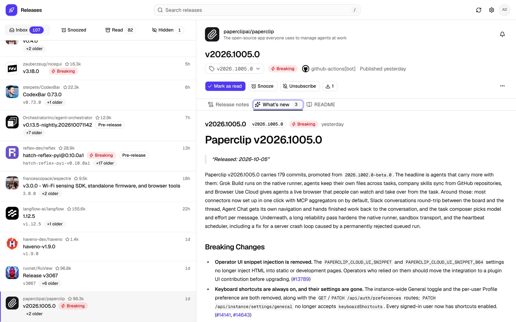 What's new in the light theme: the notes of every unread release of a repository